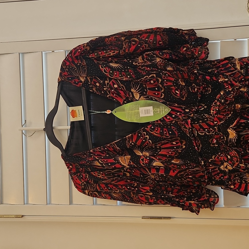 FARM Rio Black Maxi Dress with Red and Gold Butterfly Print